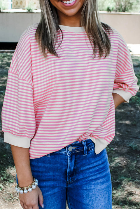 Pink Striped 3/4 Sleeve Drop Shoulder Top