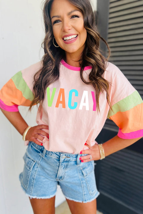 Pink VACAY Printed Color Block Half Sleeve Graphic T Shirt