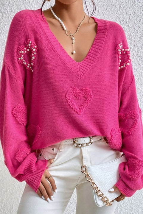 Rose Red Pearl Embellished Fuzzy Hearts V Neck Sweater