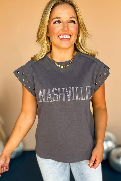 Dark Grey NASHVILLE Letter Graphic Studded Short Sleeve Top