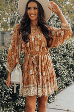 Camel 3/4 Sleeve Tie Waist Pleated Short Boho Floral Dress