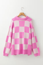 Pink Checkerboard Half Button Collared Drop Shoulder Sweater