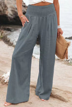 Khaki Smocked Wide Waistband High Waist Wide Leg Pants