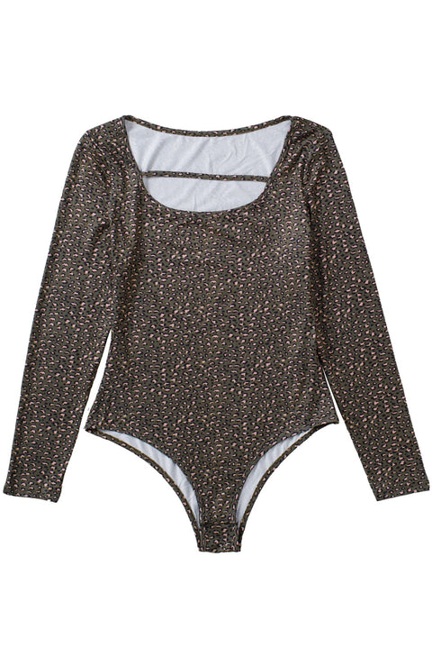 Olive Strappy Hollow-out Scoop Neck Long Sleeve Leopard Bodysuit