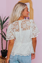 White Short Sleeve Scalloped Floral Lace Peplum Blouse