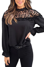 Black Leopard Mesh Splicing Ruffle Long Sleeve Blouse