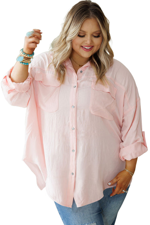 Pink Flap Pocket Tab Sleeve Button-Down Plus Size Shirt