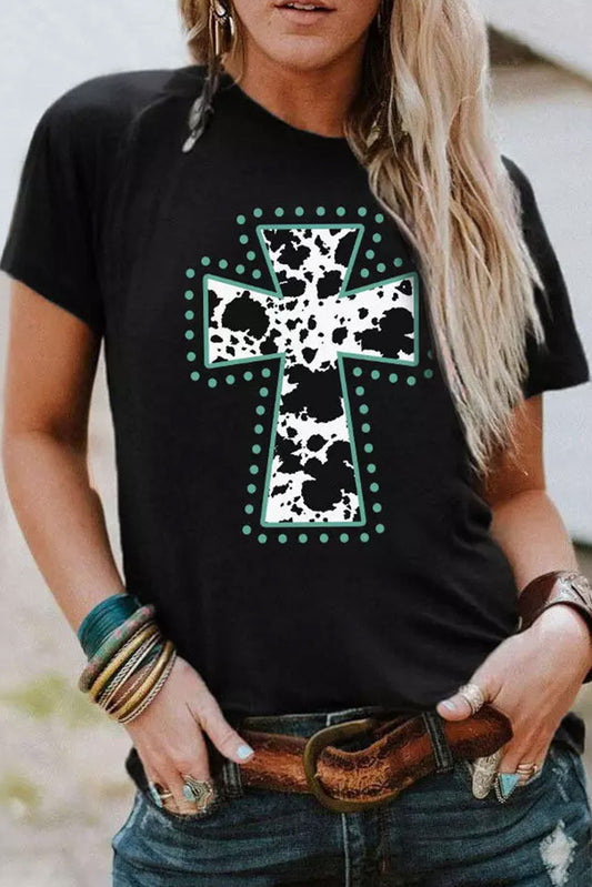 Camiseta negra con estampado animal y gráfico cruzado