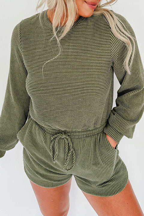 Pickle Green Corded Pullover Long Sleeve Drawstring Romper