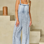 Beau Blue Light Wash Frayed Exposed Seam Wide Leg Denim Overall