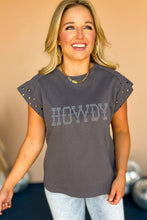 Dark Grey Rhinestone HOWDY Graphic Studded Sleeve T Shirt