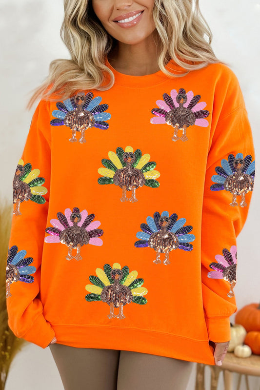 Orange  Colorful Sequin Turkey Thanksgiving Graphic Sweatshirt