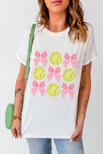 White Bow Tie Baseball Print Round Neck Casual Tee