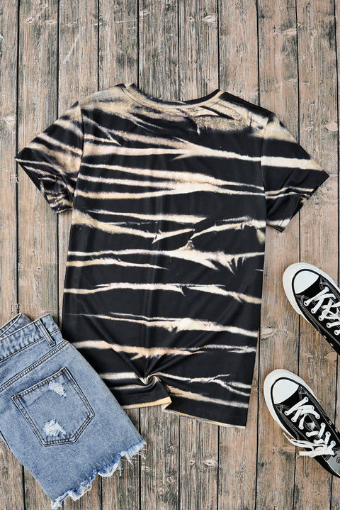 Blue Western Cow Striped Tie Dye Print Round Neck T Shirt