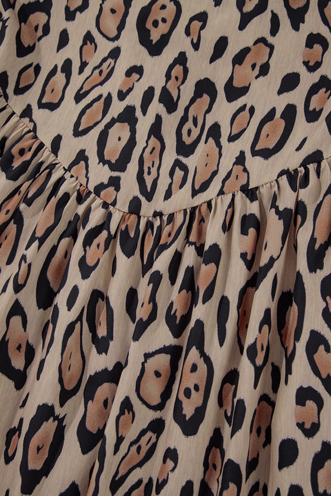 Light French Beige Oversized Leopard Print Balloon Sleeve Casual Shirt