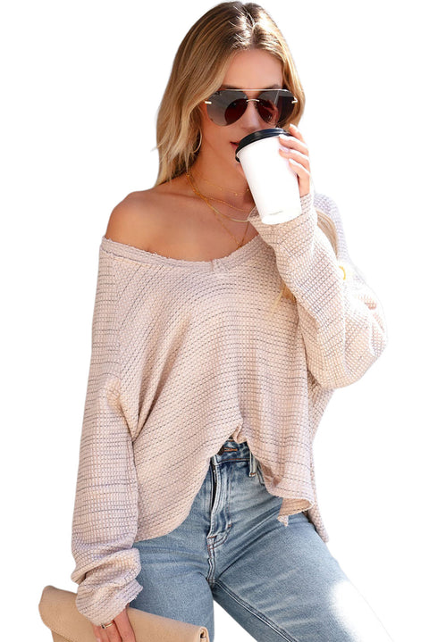 Pink Waffled Knit Long Sleeve V-Neck Frayed Top