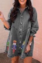 Gray Sequin Nutcracker Graphic Long Sleeve Shirt Denim Dress