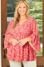 Red Plus Size Floral V Neck Flared Bracelet Sleeve Blouse