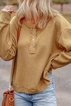 Camel Textured Knit Half Button Drop Shoulder Oversized Top