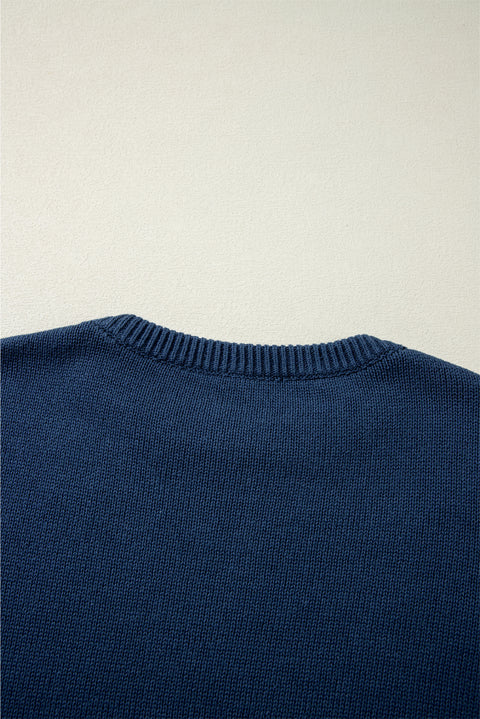 Sail Blue Star Pattern Drop Shoulder Knitted Sweater