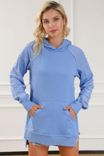 Blue Raw Seam Patchwork Kangaroo Pocket Tunic Hoodie