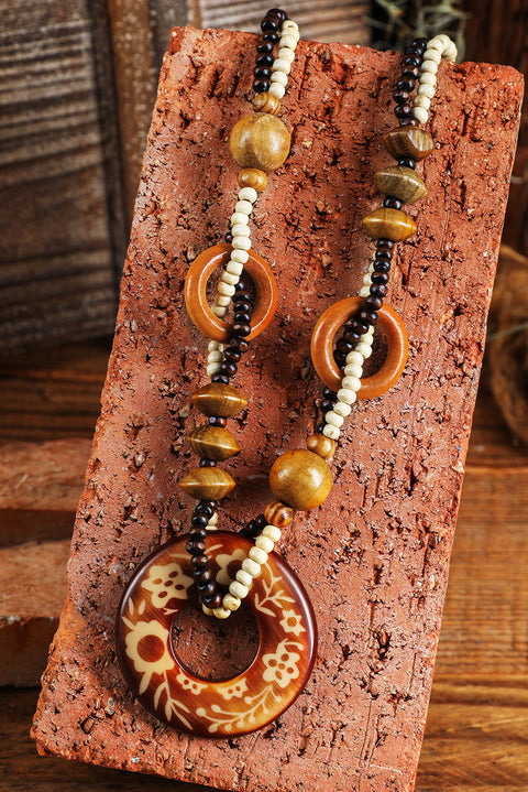 Brown Vintage Beaded Wooden Pendant Necklace