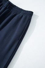 Navy Blue Solid Color Collared Sweatshirt and High Waist Pants Set