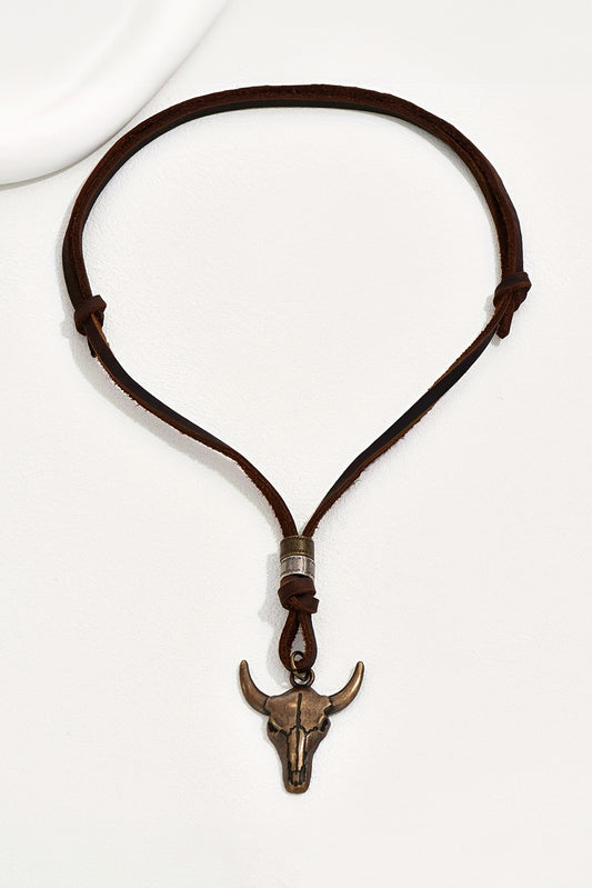 Coffee Western Steer Head Pendant Necklace