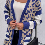 Dark Blue Stripe Sleeve Leopard Print Open Front Cardigan With Pockets