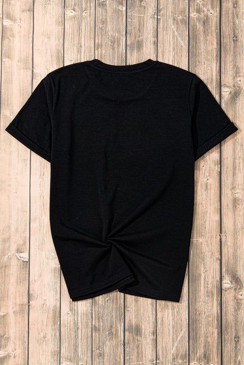 Black Sequin Bow Ribbon Graphic T Shirt