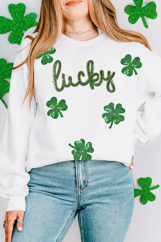 White lucky Clover Sequin Graphic Drop Shoulder Sweatshirt