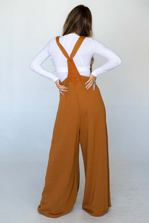 Brown Knotted Straps Patch Pocket Wide Leg Jumpsuit