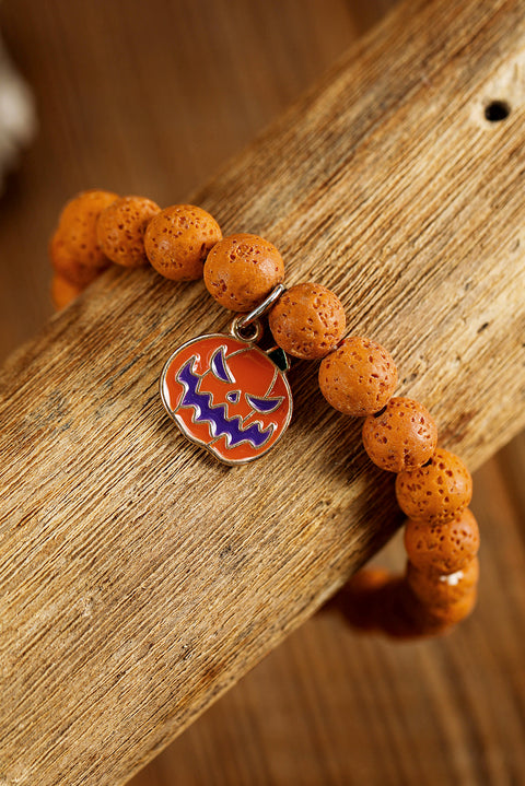 Orange Halloween Pumpkin Face Pendant Beaded Elastic Bracelet