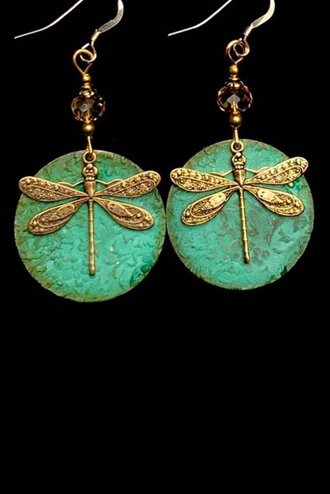 Dark Green Retro Dragonfly Hook Drop Earrings