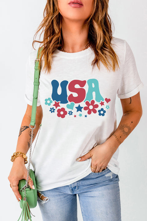 White USA Flower Graphic Tee