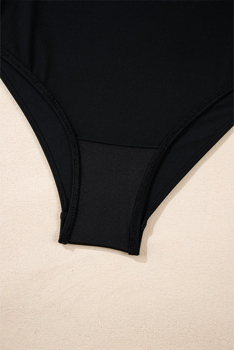 Black Colorblock Edge Belted One Piece Swimsuit