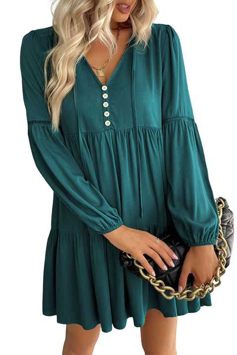 Green Lace Puff Sleeve Buttoned Tiered Ruffled Mini Dress