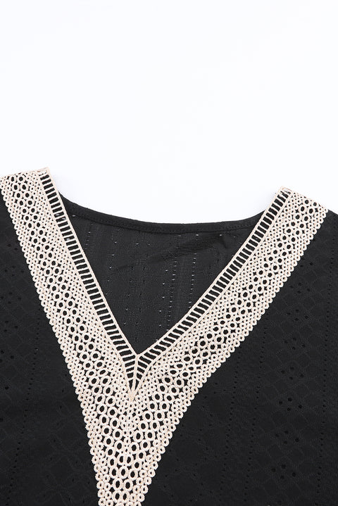 Blusa de manga corta con cuello en V y ribete de encaje