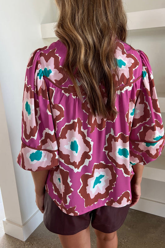 Pink Abstract Print Half Sleeve Notch V Neck Blouse