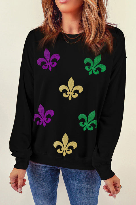 Black Mardi Gras Fleur de Lis Graphic Round Neck Pullover Sweatshirt