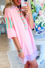 Pink Rainbow Stripe Half Sleeve Buttoned T Shirt Dress