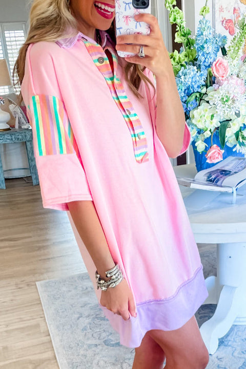 Pink Rainbow Stripe Half Sleeve Buttoned T Shirt Dress