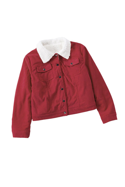 Chaqueta con solapa y botones a presión de sherpa de pana roja 