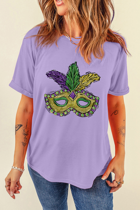 Wisteria Mardi Gras Mask Graphic Crew Neck Festival T Shirt