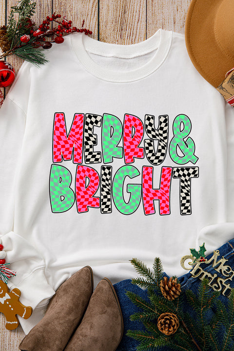 White MERRY & BRIGHT Checkered Print Crew Neck Sweatshirt