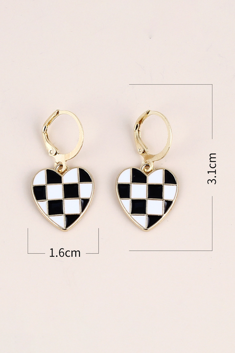 Black Checkered Heart Shape Hoop Dangle Earrings