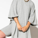 Light Grey Solid Color Loose Tunic Top and Slim Shorts Set