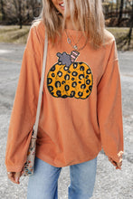 Orange Halloween Leopard Pumpkin Patchwork Ribbed Sweatshirt