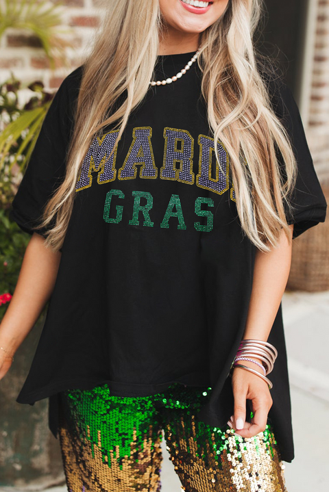 Black Rhinestone Mardi Gras Letter Graphic Oversized T Shirt