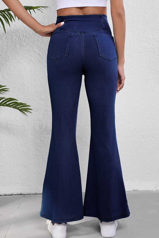 Dusk Blue Solid Crossed High Waist Fit Flare Jeans